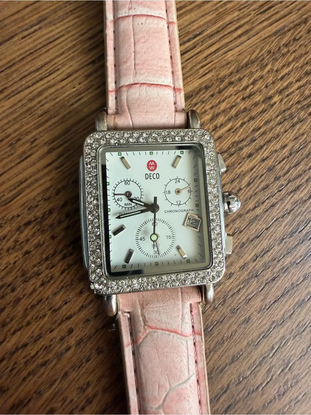 Stunning Crystal Art Deco Chronograph Watch with Pink Alligator Leather Strap